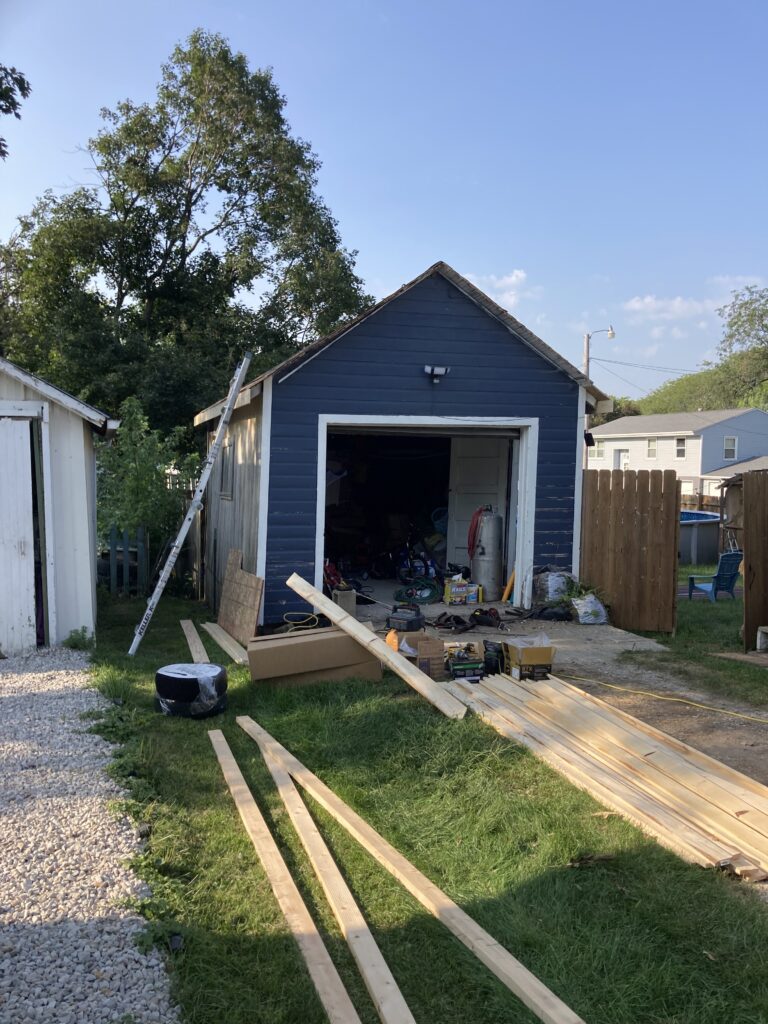Small garage getting ready for metal roof in West Liberty, Iowa