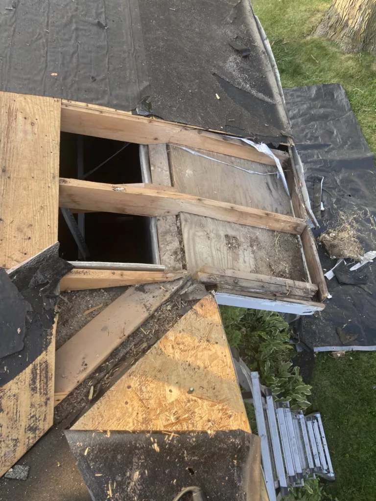 Tree-damaged roof with sagging (broken) overhang replacement in Cedar Rapids, Iowa