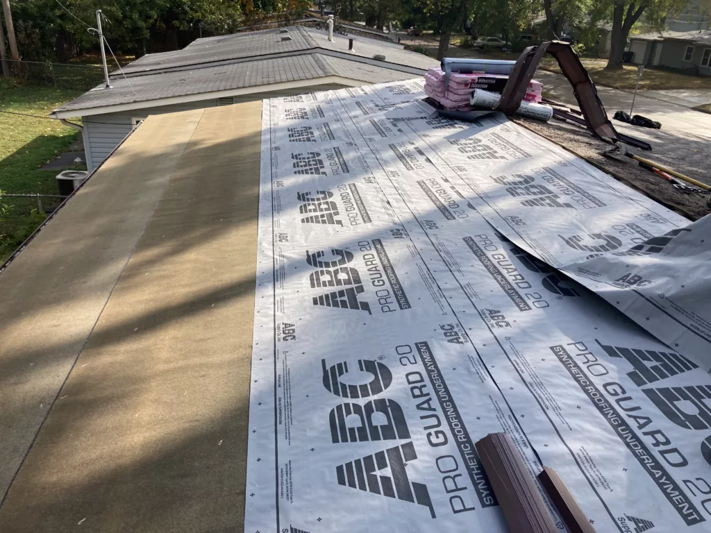 Ice and water shield and abc proguard 20 synthetic roofing underlayment on a home in Miller-Orchard in Iowa City, IA (back of home)