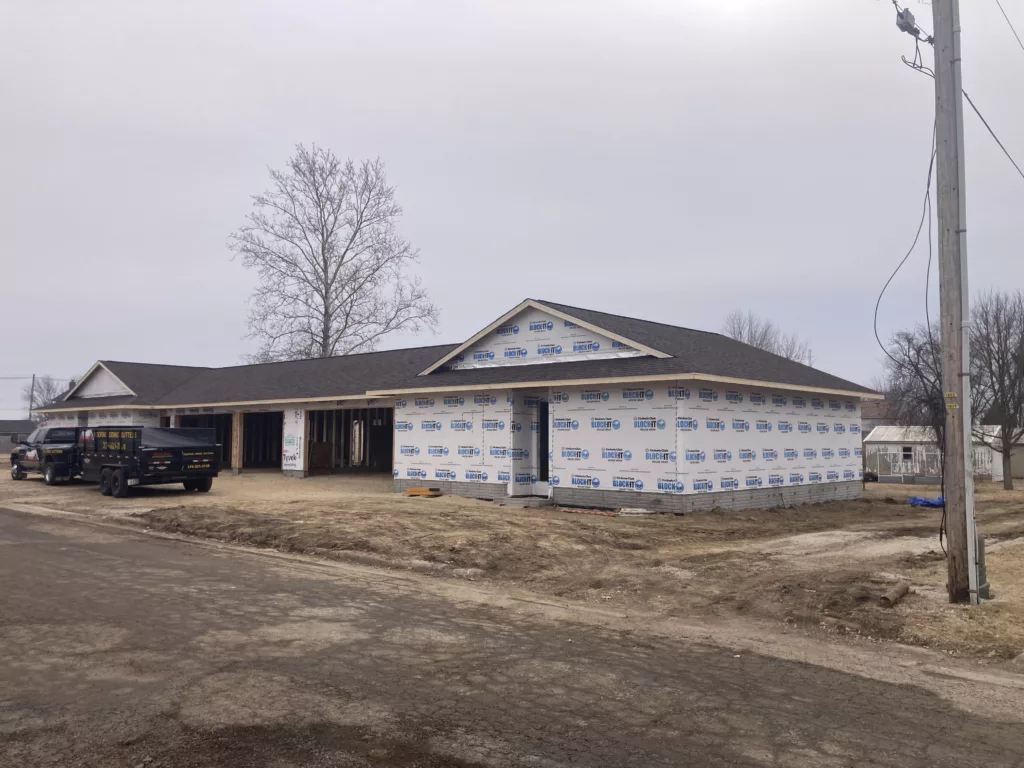Finished view of the new roof on a newly constructed duplex in Tipton, Iowa