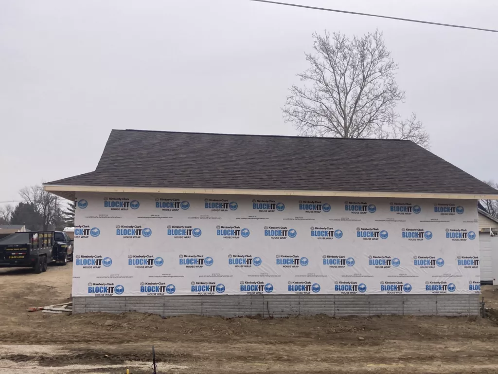 Side of the new roof on a newly constructed duplex in Tipton, Iowa